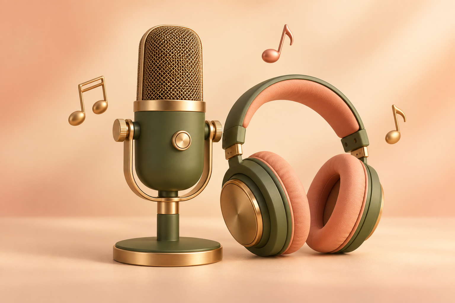 Microfone e fones de ouvido em verde, coral e dourado, com notas musicais